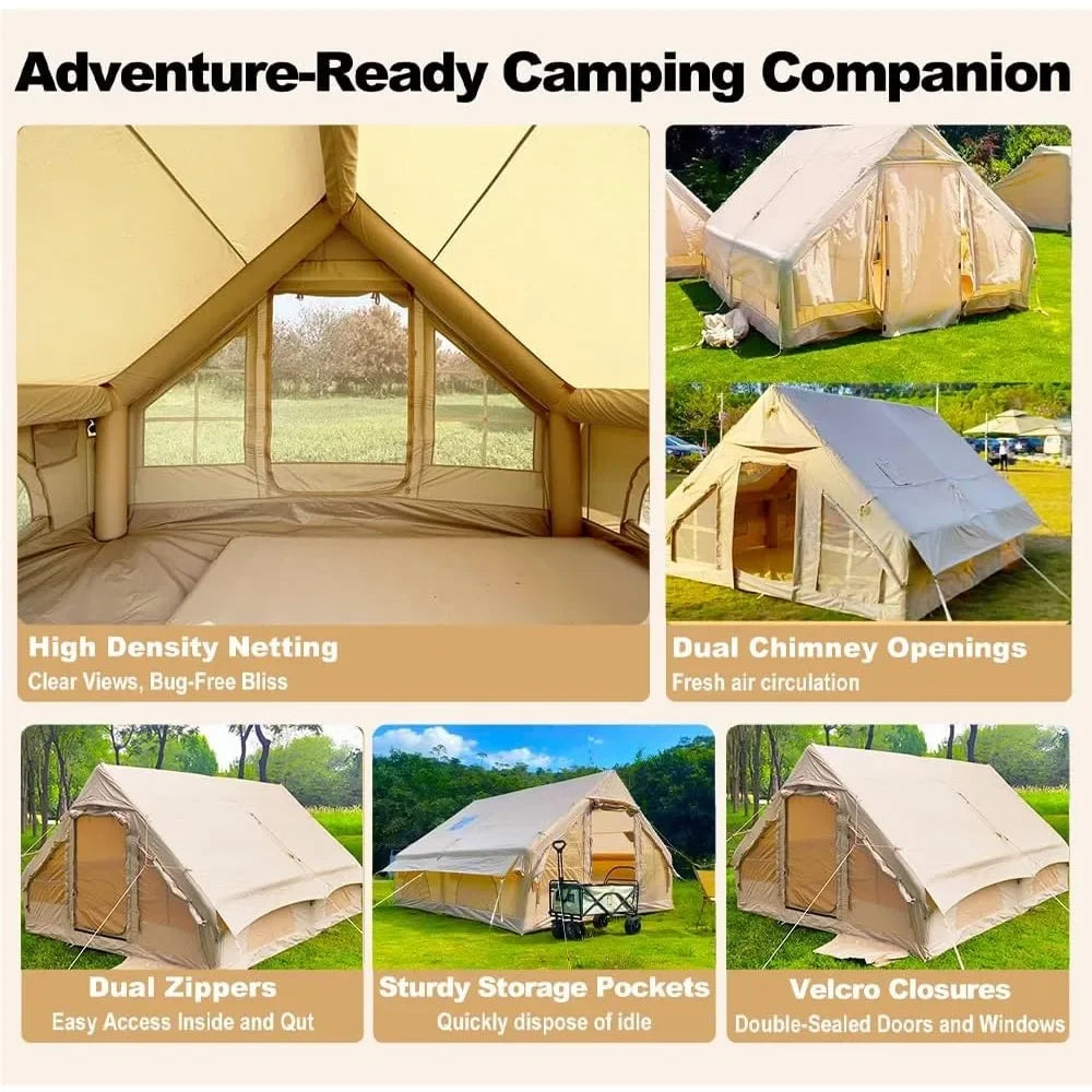 Large Inflatable Camping Tent (8–10 Person) – 129 sq. ft, Stove Jack, Mesh Windows