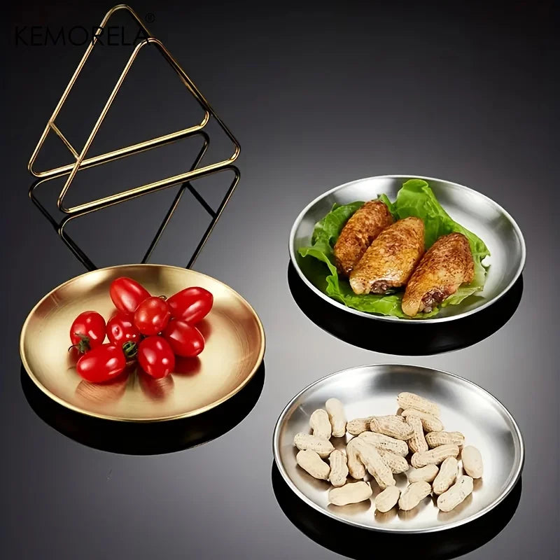 6PCS Stainless Steel Dinner Plate Light round Plate Small Plate Set with Storage Rack Outdoor Camping Picnic Plate Tableware Set