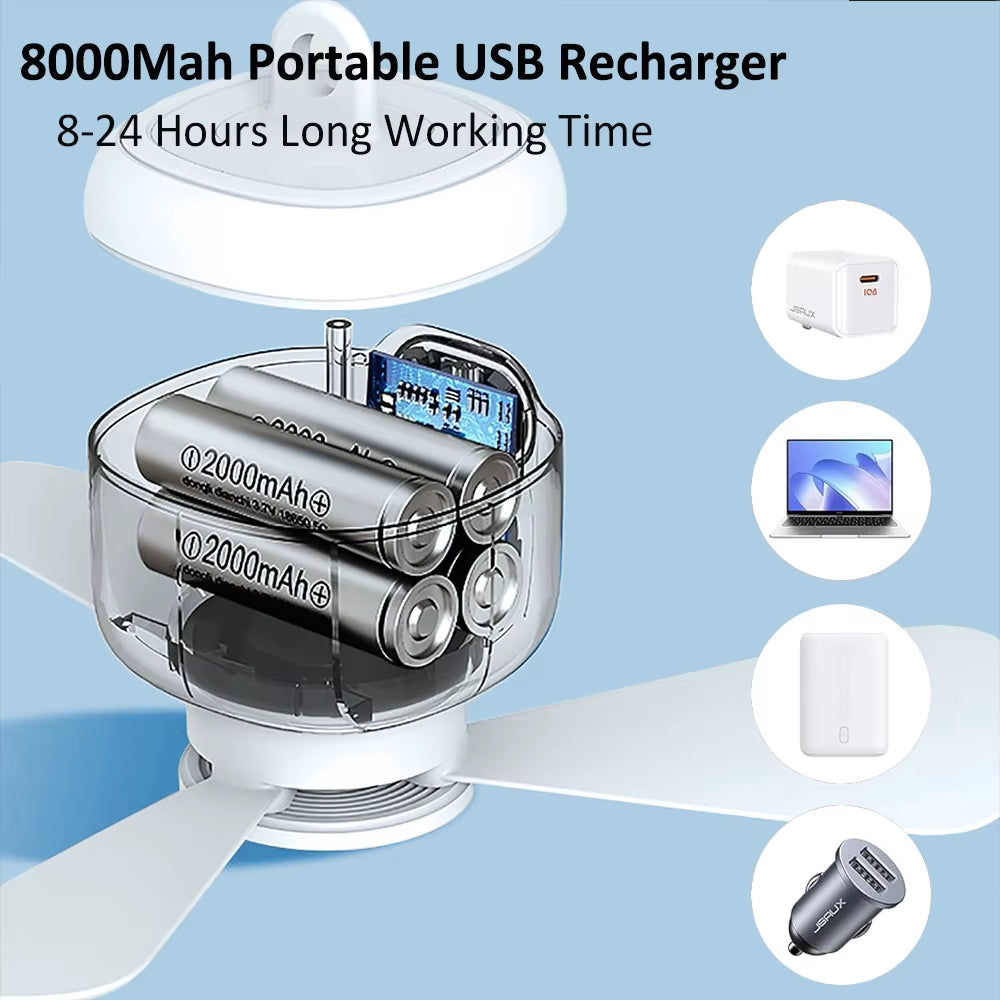 Ceiling Fan Portable Camping Tent Ceiling Canopy Fan 8000Mah Rechargeable Wireless Fan Air Circulators with Remote Control Light