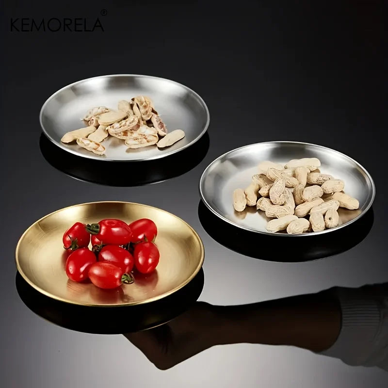 6PCS Stainless Steel Dinner Plate Light round Plate Small Plate Set with Storage Rack Outdoor Camping Picnic Plate Tableware Set