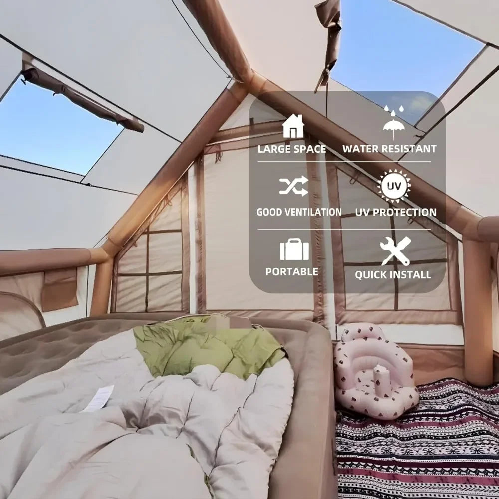 Large Inflatable Camping Tent (8–10 Person) – 129 sq. ft, Stove Jack, Mesh Windows