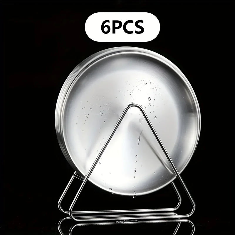 6PCS Stainless Steel Dinner Plate Light round Plate Small Plate Set with Storage Rack Outdoor Camping Picnic Plate Tableware Set