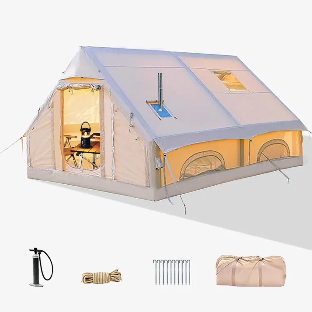 Large Inflatable Camping Tent (8–10 Person) – 129 sq. ft, Stove Jack, Mesh Windows