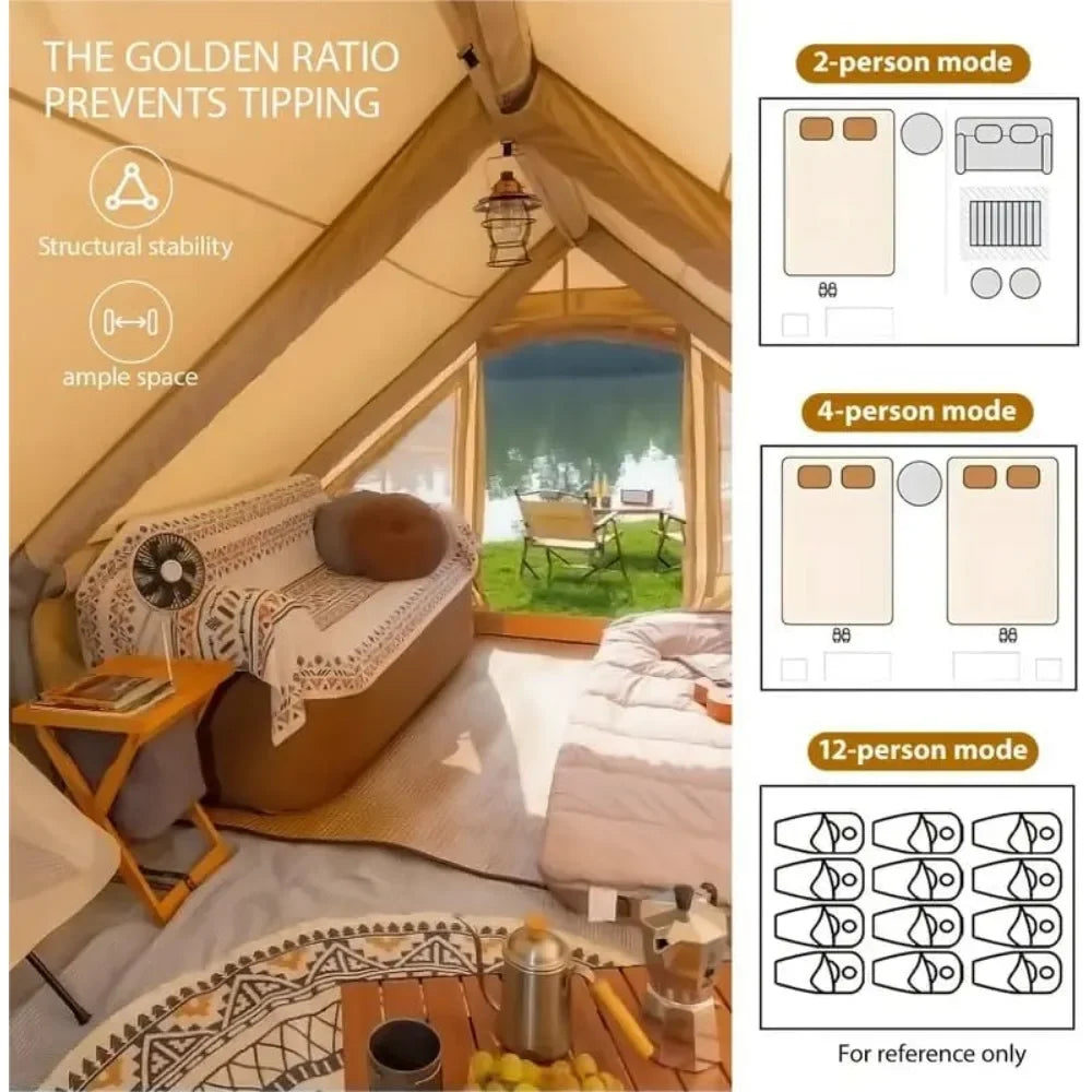 Large Inflatable Camping Tent (8–10 Person) – 129 sq. ft, Stove Jack, Mesh Windows