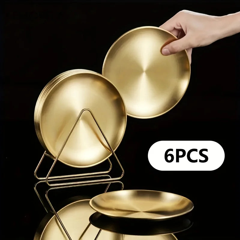 6PCS Stainless Steel Dinner Plate Light round Plate Small Plate Set with Storage Rack Outdoor Camping Picnic Plate Tableware Set