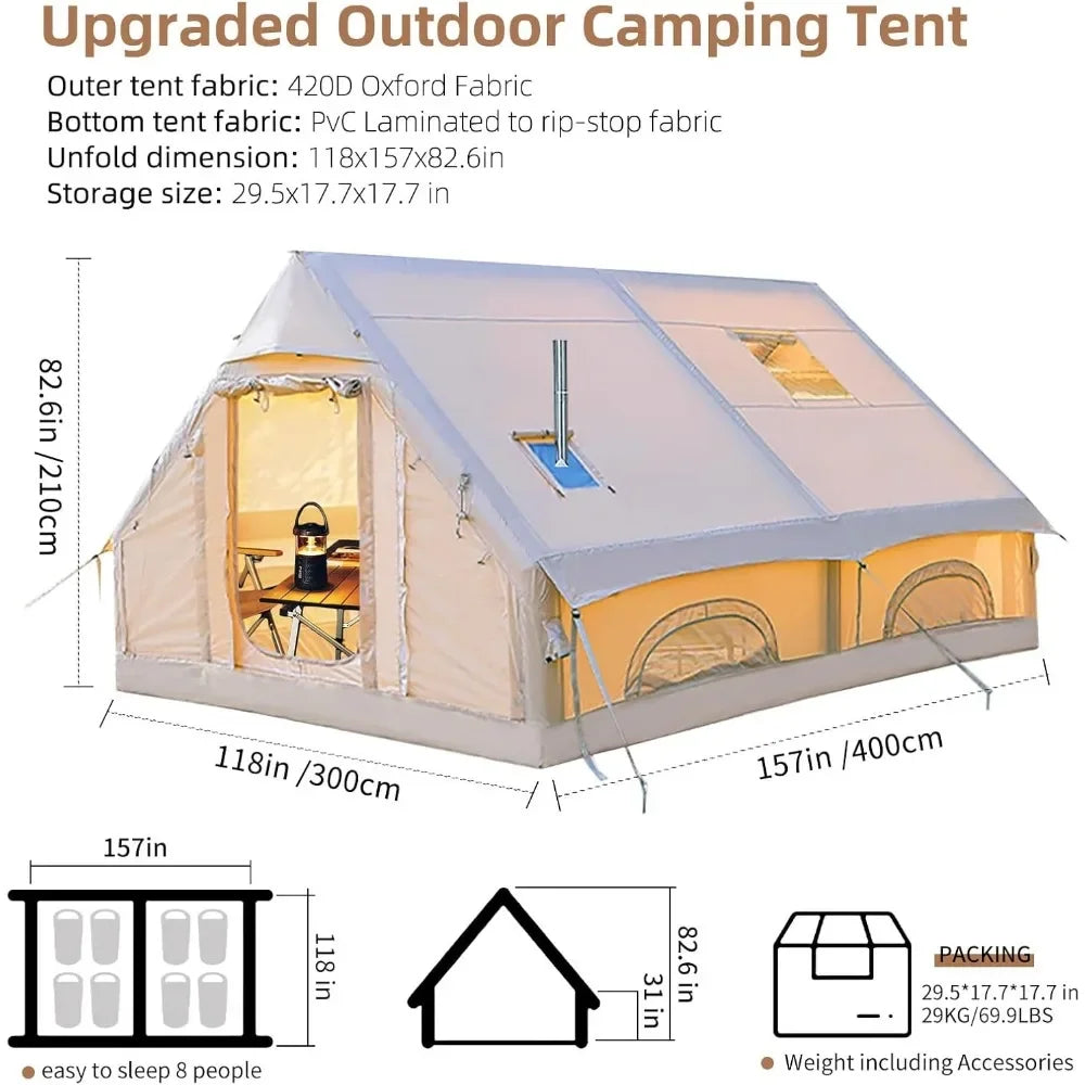 Large Inflatable Camping Tent (8–10 Person) – 129 sq. ft, Stove Jack, Mesh Windows