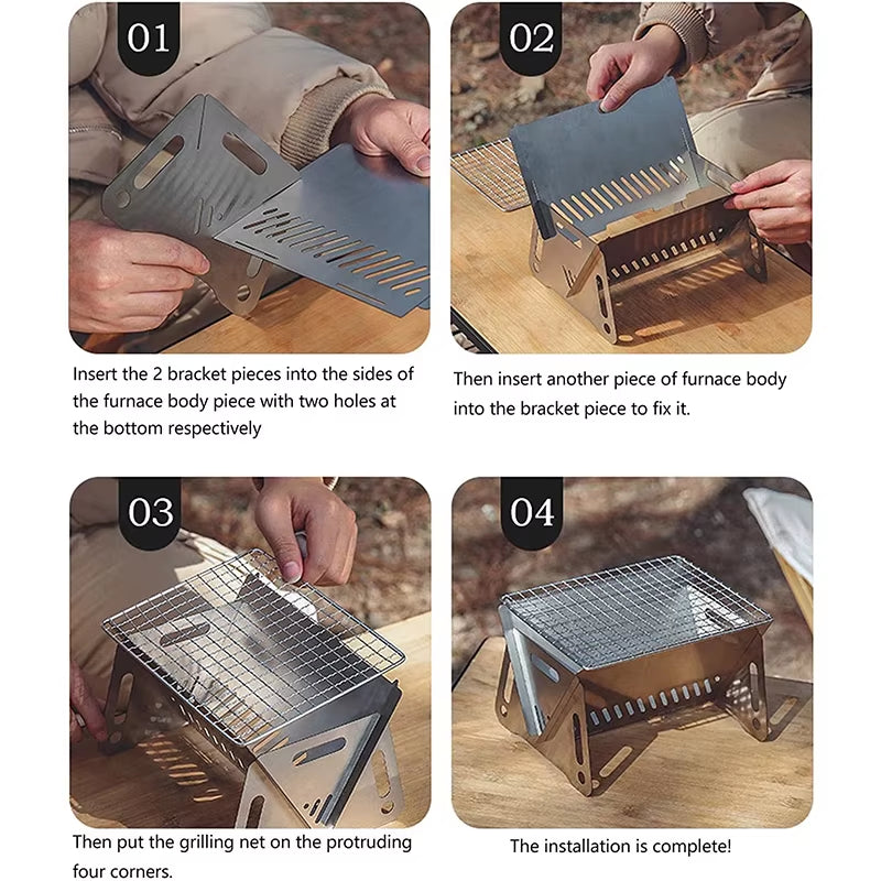 Portable Folding Barbecue Grill Heating Stoves Multifunction Camping BBQ Grill Rack Net Firewood Stove Stainless Steel BBQ Grill