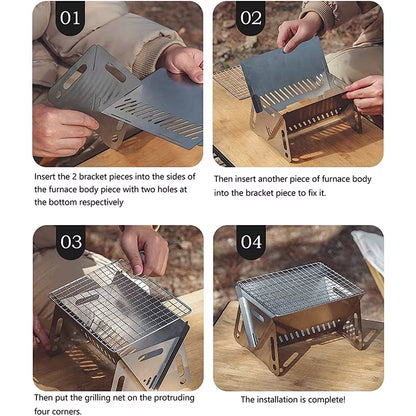 Portable Folding Barbecue Grill Heating Stoves Multifunction Camping BBQ Grill Rack Net Firewood Stove Stainless Steel BBQ Grill