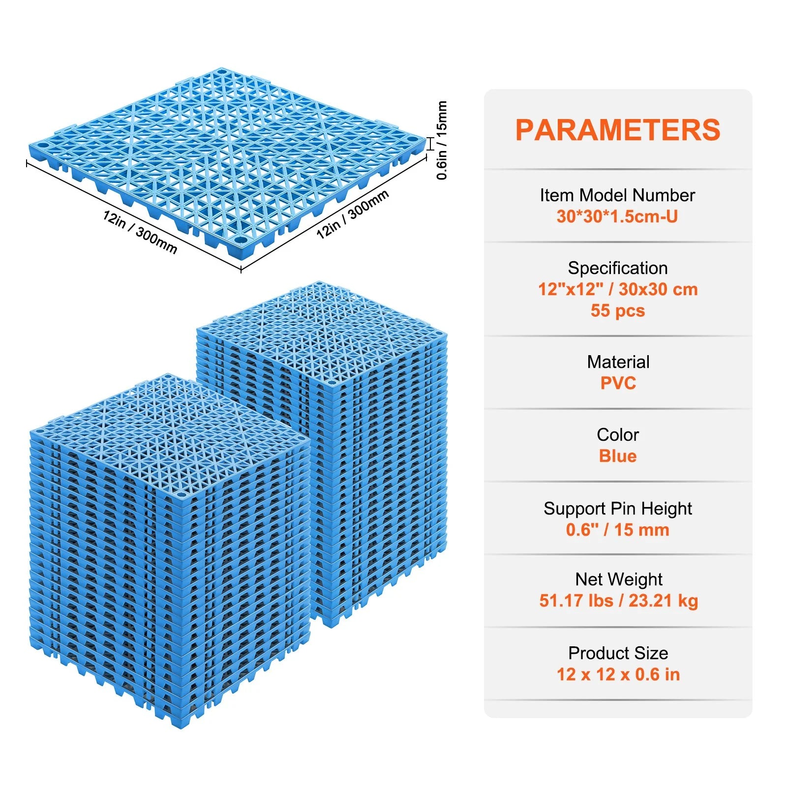 VEVOR Interlocking Drainage Floor Tiles – 55 PCS, 12x12 in, Soft PVC, Blue