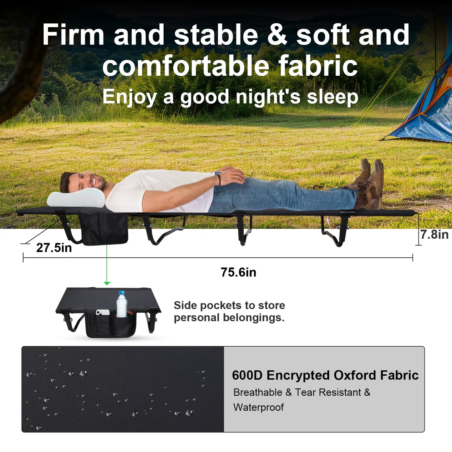 Ultralight Folding Camping Cot – Portable Bed for Adults, Supports Up to 352 lbs