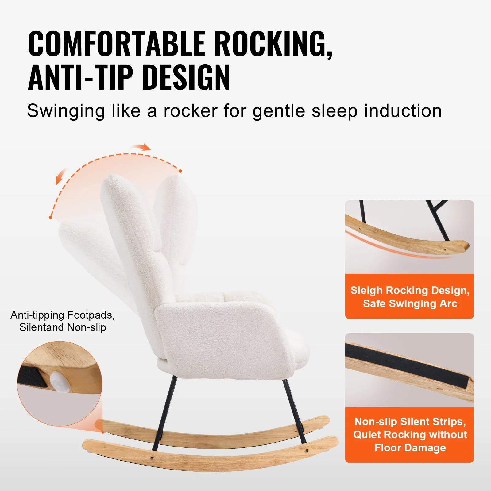  VEVOR Glider Rocking Chair – Teddy Fabric, Ivory White