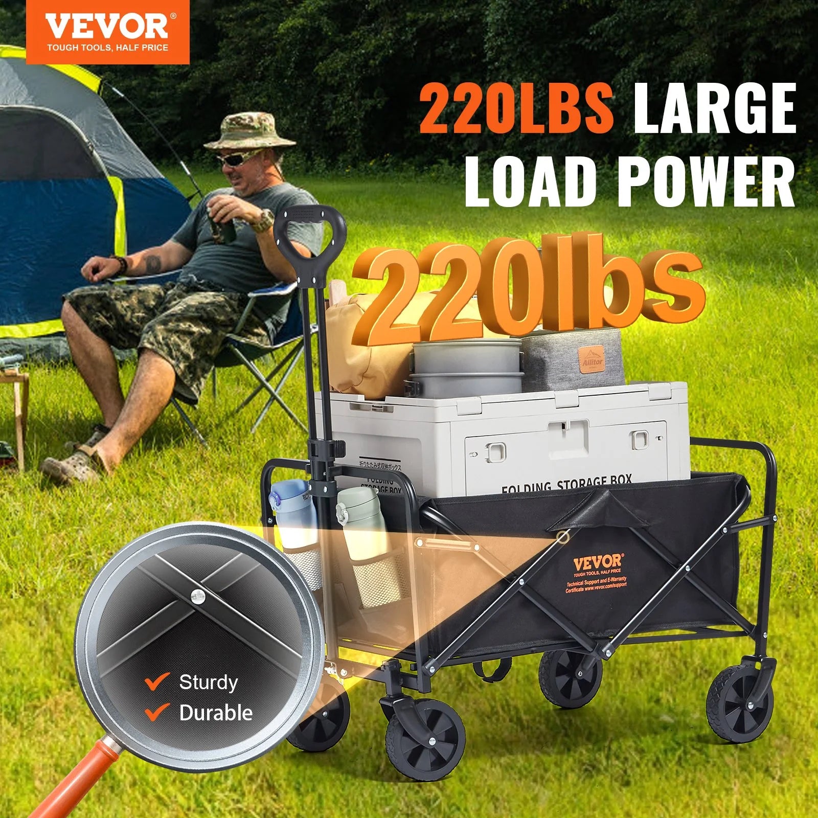 VEVOR Folding Utility Wagon – All-Terrain Cart, 220 lbs Capacity
