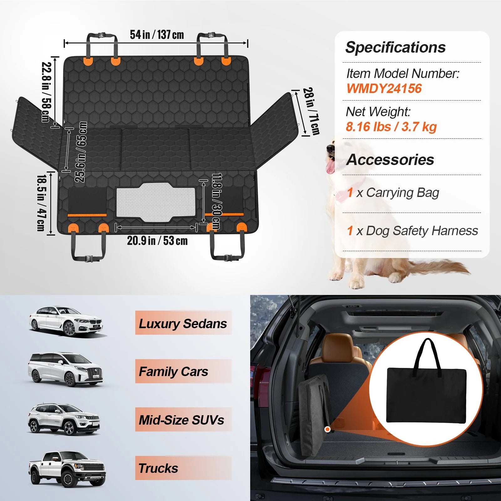 VEVOR Dog Car Seat Cover – 54x25.6 in, Waterproof 600D Back Seat Protector