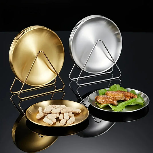 6PCS Stainless Steel Dinner Plate Light round Plate Small Plate Set with Storage Rack Outdoor Camping Picnic Plate Tableware Set