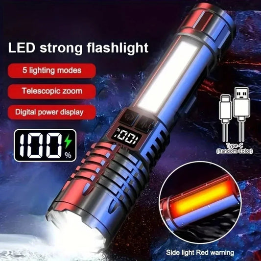 Rechargeable LED Torch – Ultra Bright Flashlight with Side Light for Outdoors