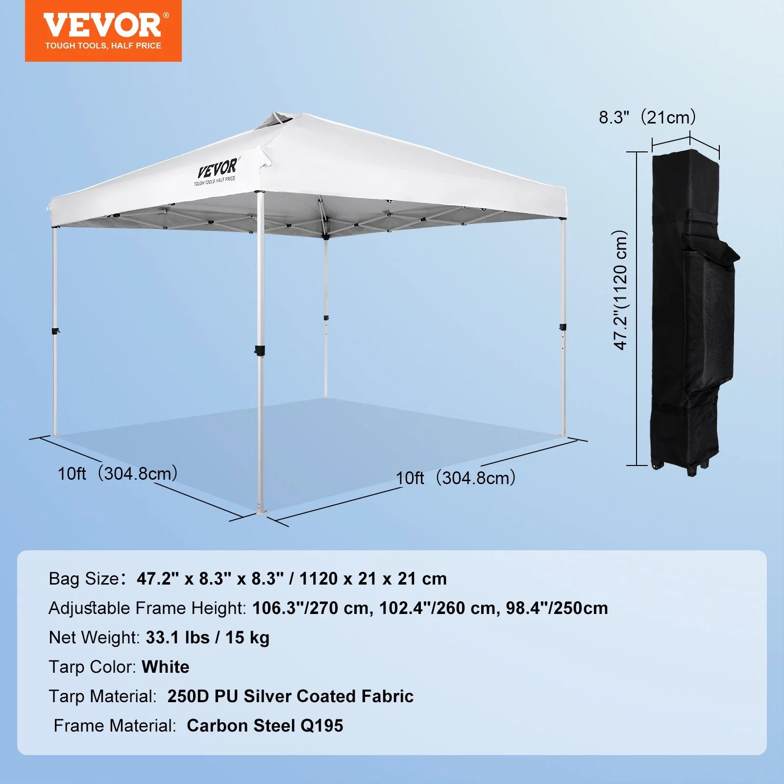 VEVOR 10x10 Ft Pop-Up Canopy Tent – Waterproof Sun Shelter with Roller Bag & Sandbags Silver Gray