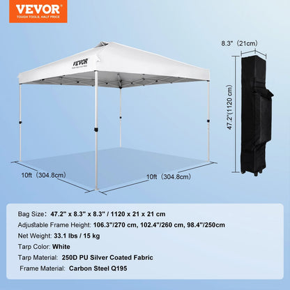 VEVOR 10x10 Ft Pop-Up Canopy Tent – Waterproof Sun Shelter with Roller Bag & Sandbags Silver Gray