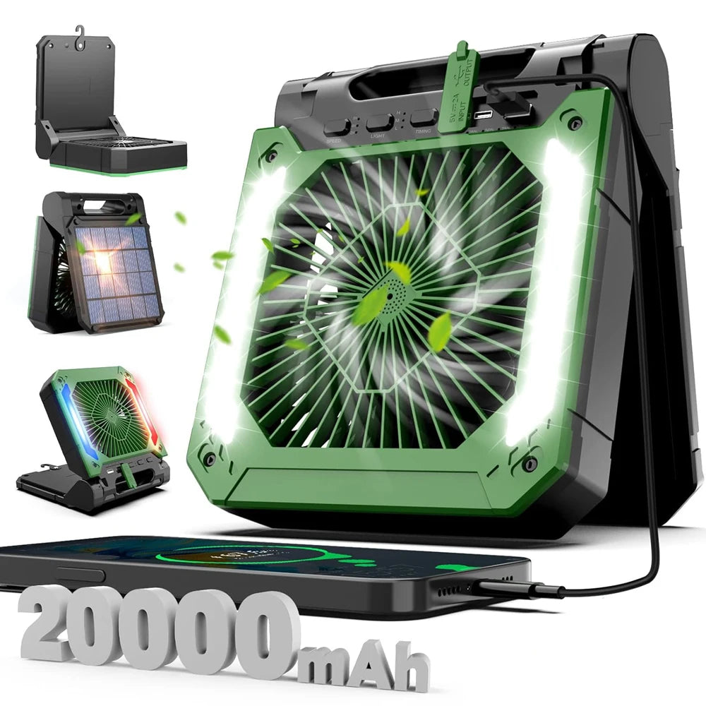20000Mah Portable Electric Fan with Led Light Tent Car Camping Hook&Usb&Solar Charging for Hiking Fishing Picnic Emergency