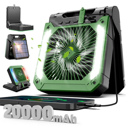 20000Mah Portable Electric Fan with Led Light Tent Car Camping Hook&Usb&Solar Charging for Hiking Fishing Picnic Emergency