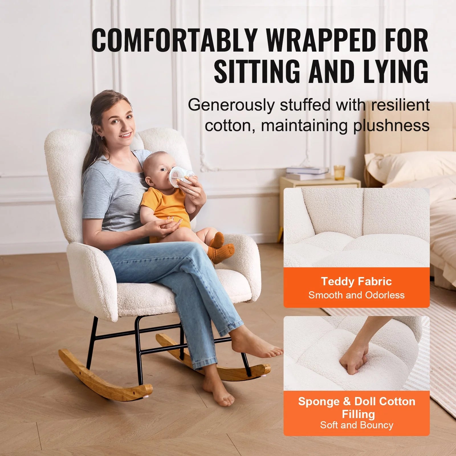  VEVOR Glider Rocking Chair – Teddy Fabric, Ivory White
