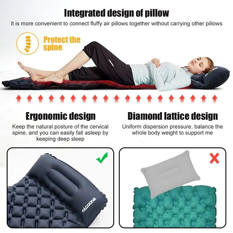 Inflatable Sleeping Pad with Pillow – Camping Mat with Integrated Pump
