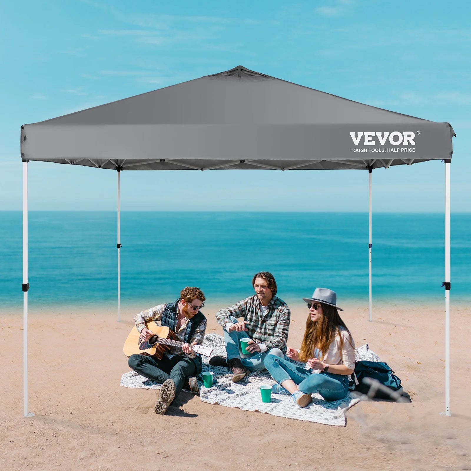 VEVOR 10x10 Ft Pop-Up Canopy Tent – Waterproof Sun Shelter with Roller Bag & Sandbags, Dark Gray