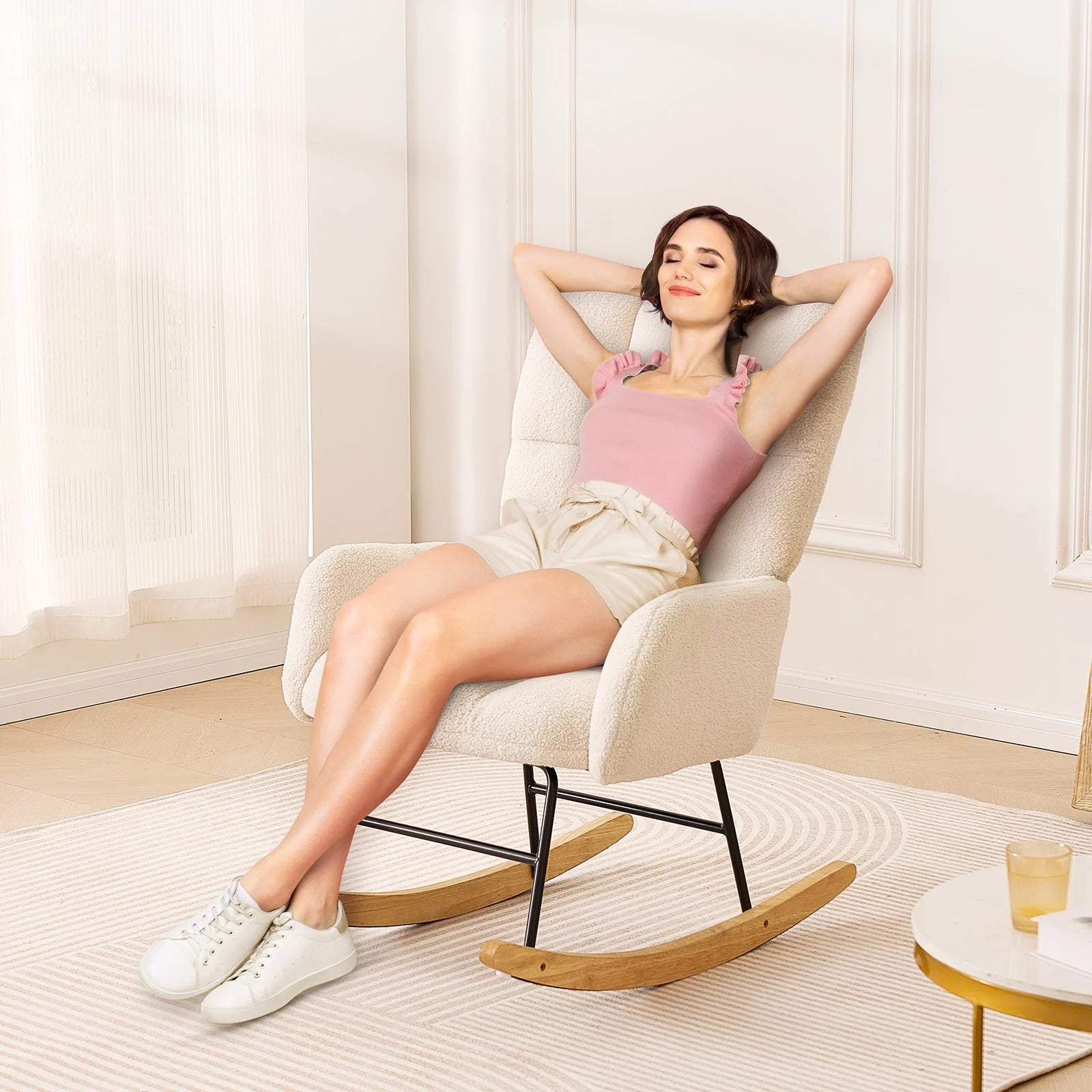  VEVOR Glider Rocking Chair – Teddy Fabric, Ivory White