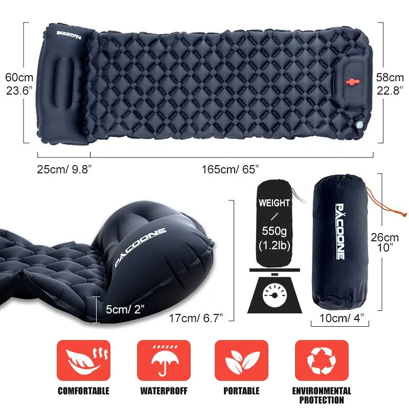 Inflatable Sleeping Pad with Pillow – Camping Mat with Integrated Pump