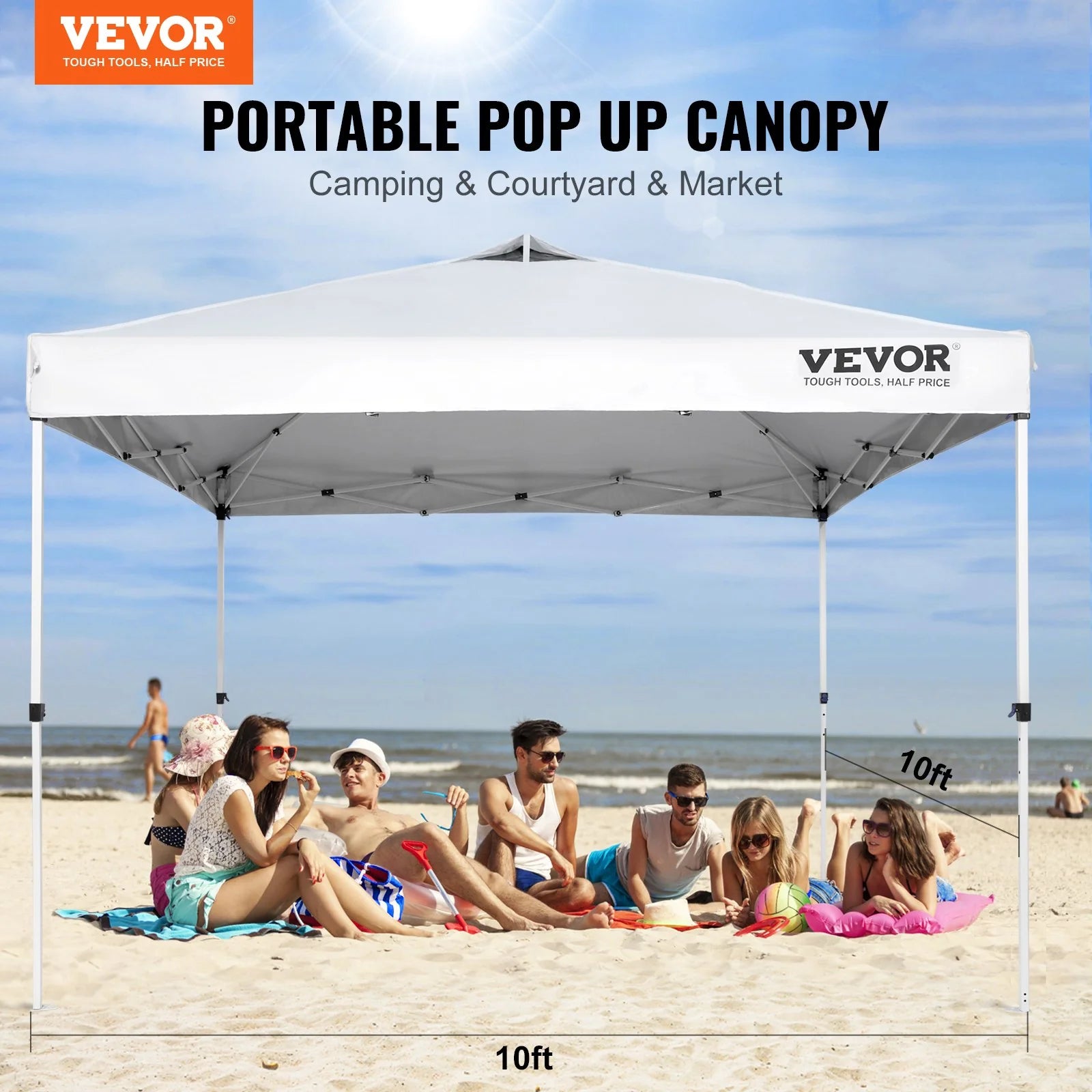 VEVOR 10x10 Ft Pop-Up Canopy Tent – Waterproof Sun Shelter with Roller Bag & Sandbags Silver Gray