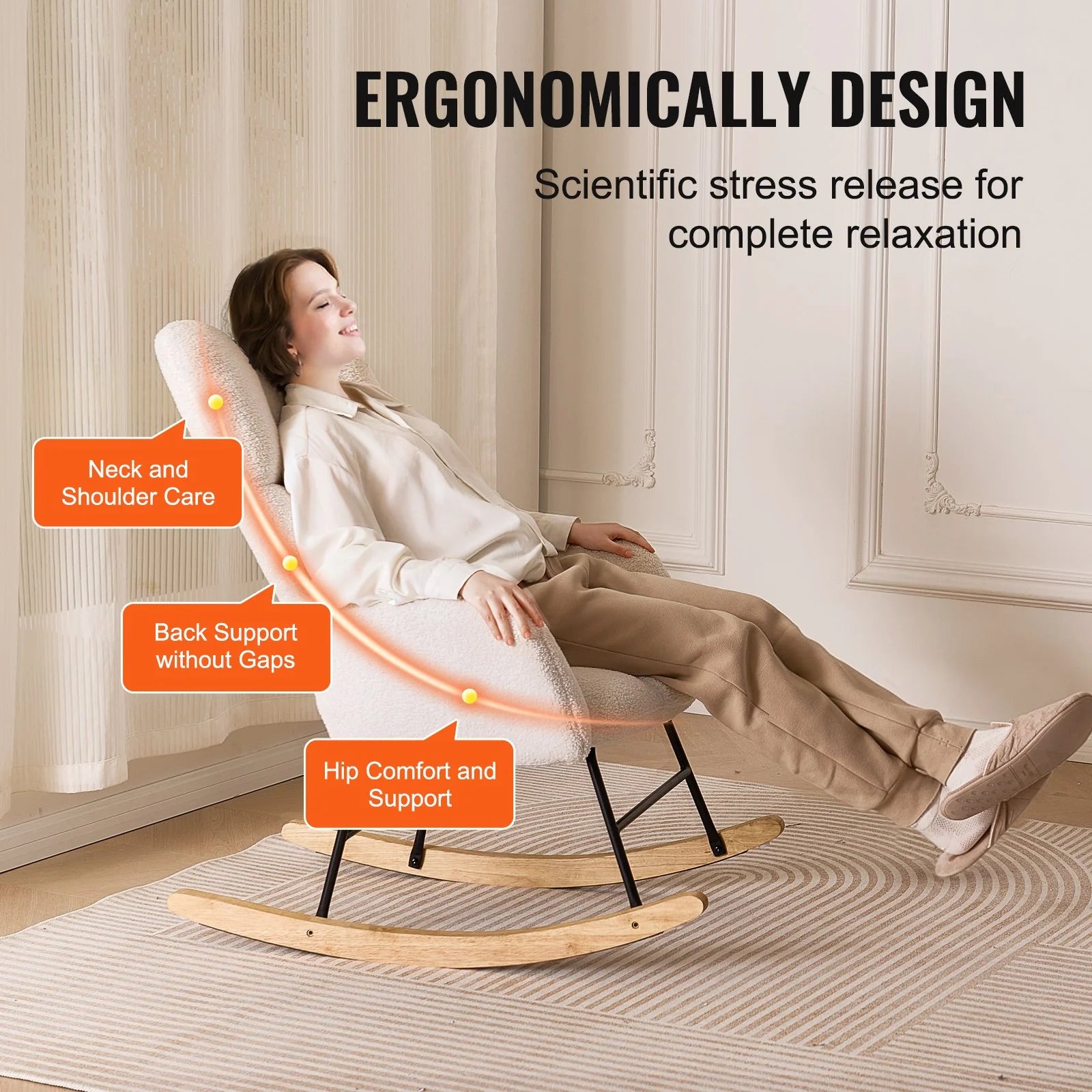  VEVOR Glider Rocking Chair – Teddy Fabric, Ivory White