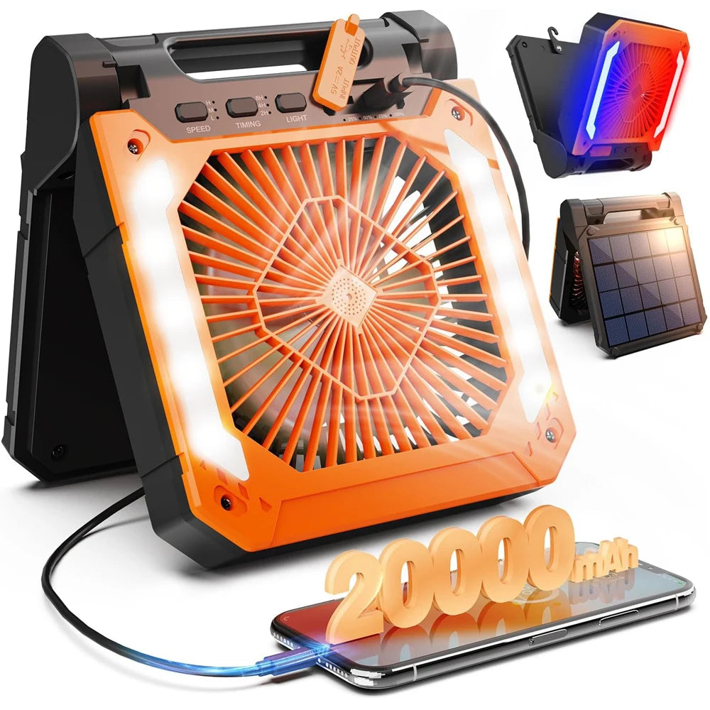 20000Mah Portable Electric Fan with Led Light Tent Car Camping Hook&Usb&Solar Charging for Hiking Fishing Picnic Emergency