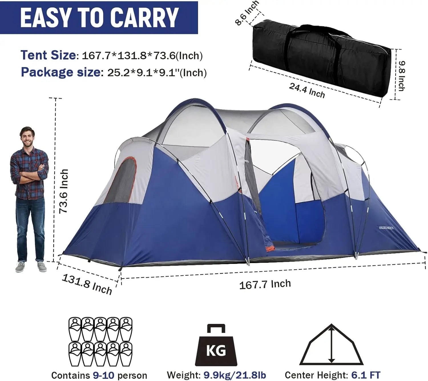 HIKERGARDEN 10-Person Family Camping Tent – Windproof & Easy Setup Dome Tent for Outdoors
