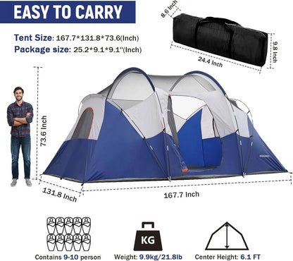 HIKERGARDEN 10-Person Family Camping Tent – Windproof & Easy Setup Dome Tent for Outdoors