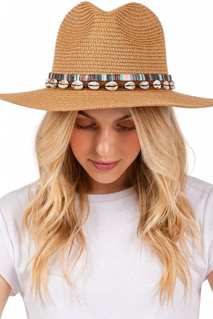 Straw Fedora Sun Hat with Sea Shell Band – Beach-Ready Style