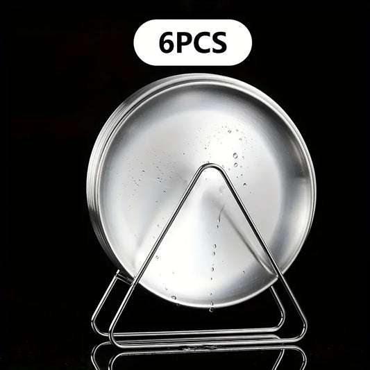 6PCS Stainless Steel Dinner Plate Light round Plate Small Plate Set with Storage Rack Outdoor Camping Picnic Plate Tableware Set