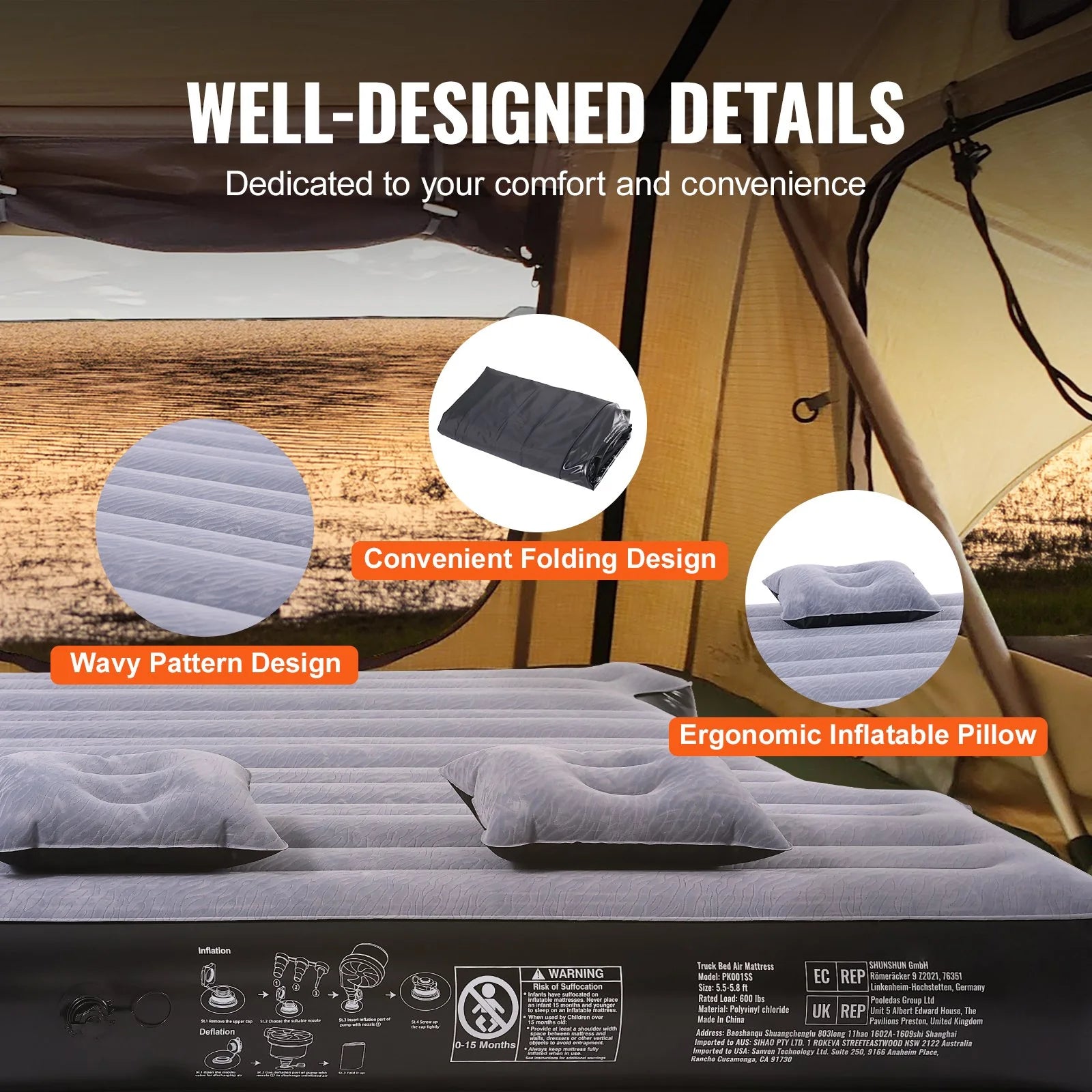 VEVOR Truck Bed Air Mattress – Fits 5.5–5.8 Ft Beds w/ Pump & Pillows