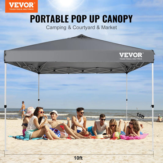 VEVOR 10x10 Ft Pop-Up Canopy Tent – Waterproof Sun Shelter with Roller Bag & Sandbags, Dark Gray