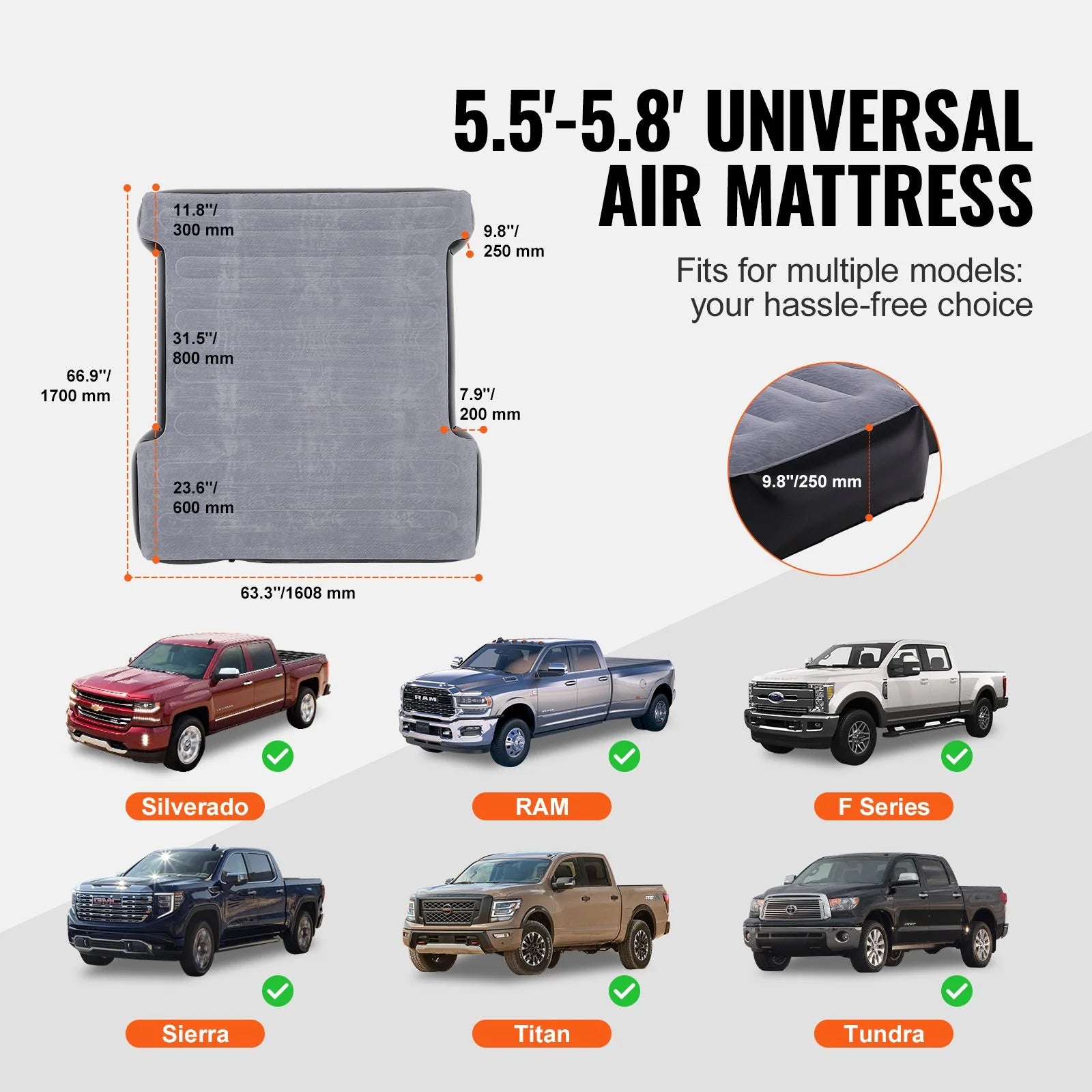 VEVOR Truck Bed Air Mattress – Fits 5.5–5.8 Ft Beds w/ Pump & Pillows