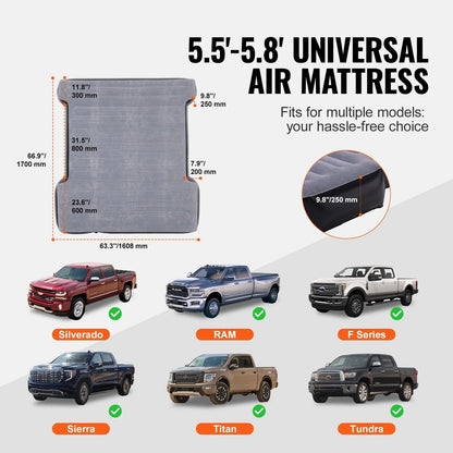 VEVOR Truck Bed Air Mattress – Fits 5.5–5.8 Ft Beds w/ Pump & Pillows