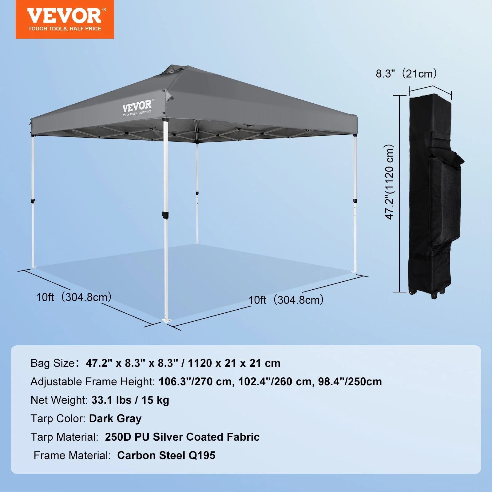 VEVOR 10x10 Ft Pop-Up Canopy Tent – Waterproof Sun Shelter with Roller Bag & Sandbags, Dark Gray