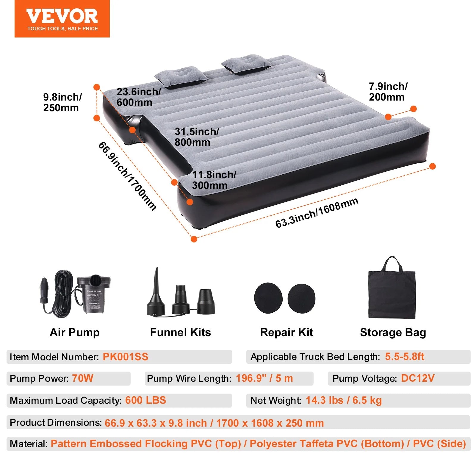 VEVOR Truck Bed Air Mattress – Fits 5.5–5.8 Ft Beds w/ Pump & Pillows