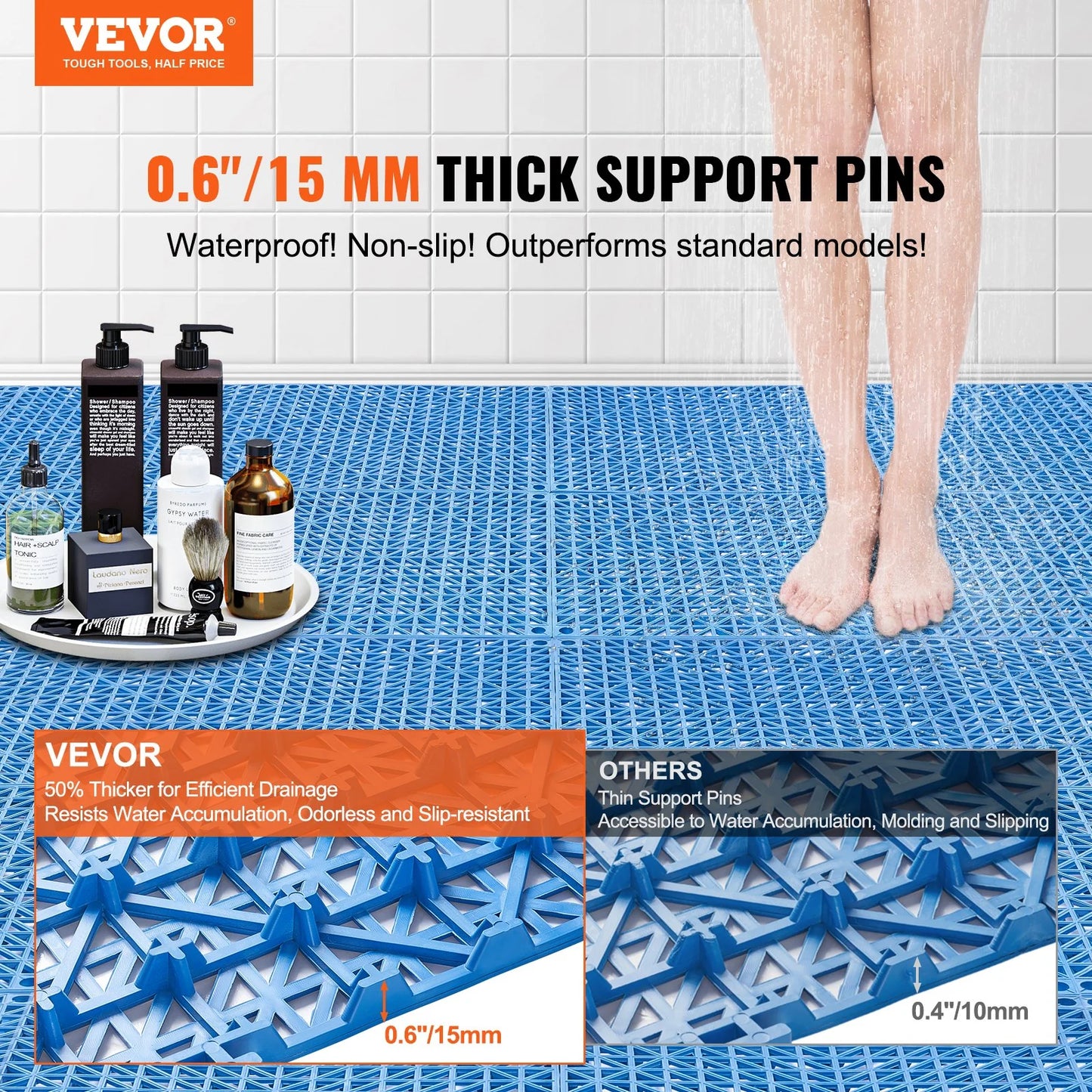 VEVOR Interlocking Drainage Floor Tiles – 55 PCS, 12x12 in, Soft PVC, Blue