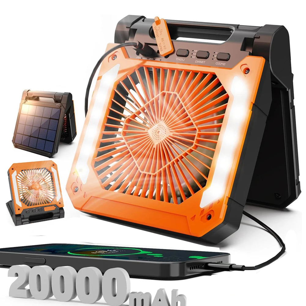 20000Mah Portable Electric Fan with Led Light Tent Car Camping Hook&Usb&Solar Charging for Hiking Fishing Picnic Emergency