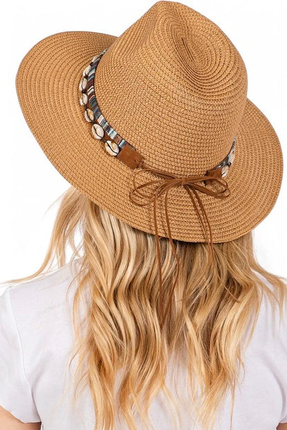 Straw Fedora Sun Hat with Sea Shell Band – Beach-Ready Style