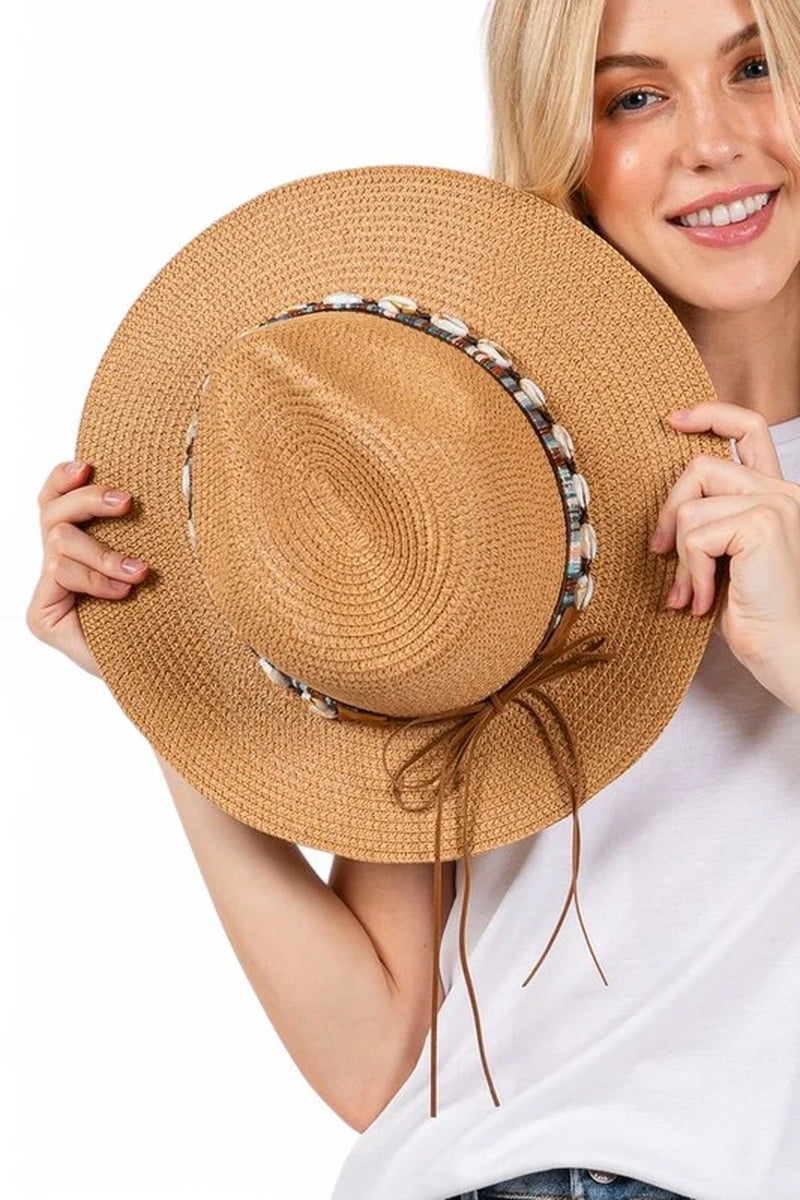 Straw Fedora Sun Hat with Sea Shell Band – Beach-Ready Style