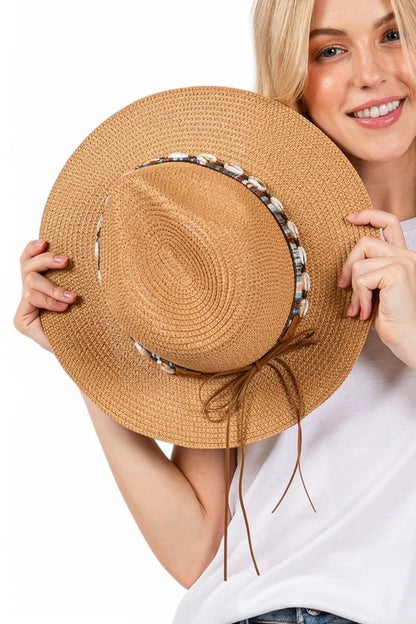 Straw Fedora Sun Hat with Sea Shell Band – Beach-Ready Style