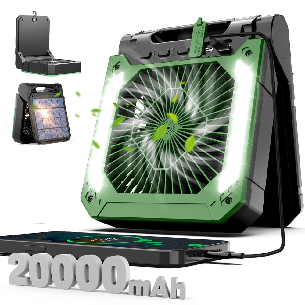 20000Mah Portable Electric Fan with Led Light Tent Car Camping Hook&Usb&Solar Charging for Hiking Fishing Picnic Emergency