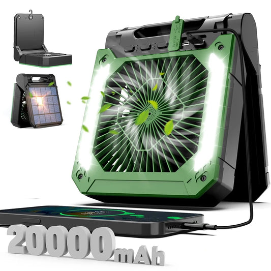 20000Mah Portable Electric Fan with Led Light Tent Car Camping Hook&Usb&Solar Charging for Hiking Fishing Picnic Emergency