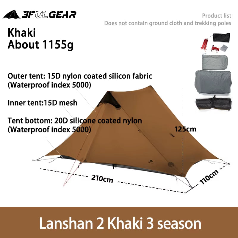 Lanshan 2 Ultralight Camping Tent – 1–2 Person, 15D Silnylon, 3/4 Season