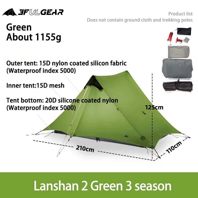 Lanshan 2 Ultralight Camping Tent – 1–2 Person, 15D Silnylon, 3/4 Season
